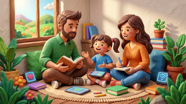 Ilustrasi Generasi Alpha yang kritis dan lebih berani menyampaikan pendapat, sedang berdiskusi dengan orang tua Milenial. Gambar dibuat dengan GenerativeAI.