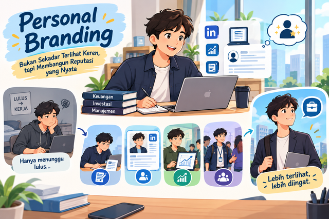 Personal branding, reputasi diri, citra profesional, jejak digital, pengembangan diri, portofolio digital, LinkedIn, networking, mahasiswa, peluang karier. Sumber: Generated AI (2026)