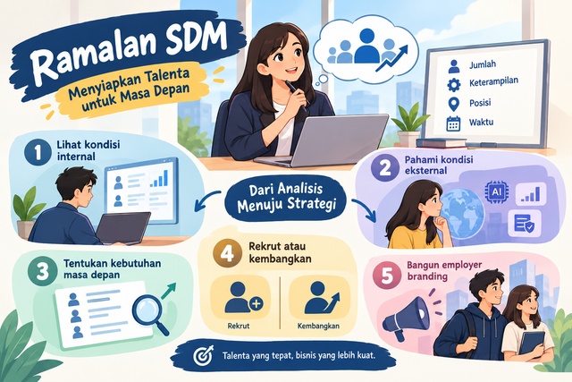 Ramalan SDM, workforce planning, perencanaan tenaga kerja, rekrutmen proaktif, kebutuhan SDM masa depan, pengembangan talenta, analisis kompetensi, employer branding, keterampilan digital, manajemen sumber daya manusia. Sumber : Generated AI (2026)