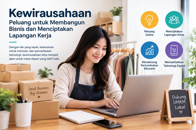 Ilustrasi seorang pengusaha muda yang memanfaatkan teknologi digital untuk mengembangkan bisnis, menciptakan lapangan kerja, dan mendukung UMKM lokal.