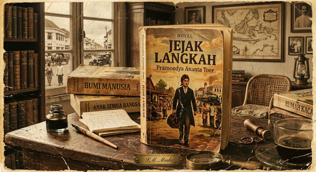 Ilustrasi suasana klasik yang menggambarkan novel Jejak Langkah karya Pramoedya Ananta Toer, dengan buku sebagai pusat perhatian, dikelilingi arsip, pena, peta, dan foto-foto tempo dulu yang merepresentasikan perjuangan Minke melalui tulisan dan organisasi pada masa kolonial.Gambar ilustrasi ini dibuat sendiri menggunakan aplikasi Gemini.