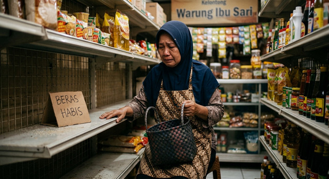 Ilustrasi harga beras: kehabisan stok beras di rak toko kelontong. Sumber: Dok. Pribadi/AI
