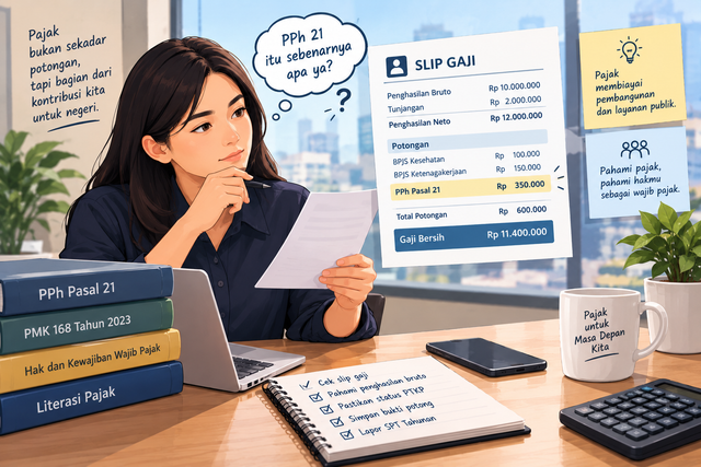Ilustrasi PPh Pasal 21 pada slip gaji karyawan. Sumber: Dibuat menggunakan AI melalui ChatGPT (OpenAI).