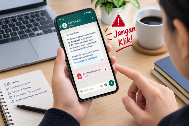 Ilustrasi contoh pesan penipuan yang mengatasnamakan DJP lewat WhatsApp: ada nominal tagihan, ancaman denda, tautan, dan berkas yang mencurigakan. Pesan, nominal, dan tautan pada gambar fiktif. (Sumber: ilustrasi dibuat khusus dengan bantuan AI untuk artikel ini)