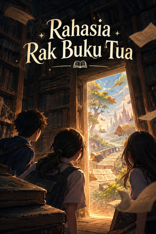 Ilustrasi cerpen fantasi Rahasia Rak Buku Tua, dibuat oleh ChatGPT (OpenAI)