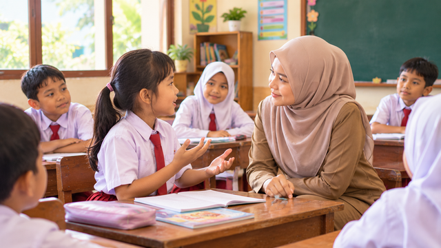 ilustrasi seorang guru sedang mendengarkan murid, sumber:Ai