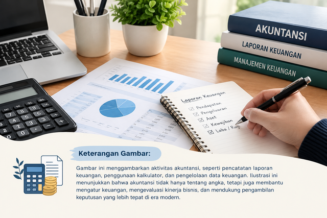 Ilustrasi akuntansi yang menunjukkan proses pencatatan laporan keuangan, pengelolaan data keuangan, dan evaluasi bisnis di era modern. Sumber gambar: dibuat menggunakan AI (ChatGPT).