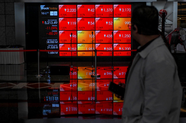 Layar menampilkan pergerakan Indeks Harga Saham Gabungan (IHSG) yang menurun di Bursa Efek Indonesia (BEI), Jakarta, Jumat (16/10/2026). Foto: Hafidz Mubarak A/ANTARA FOTO