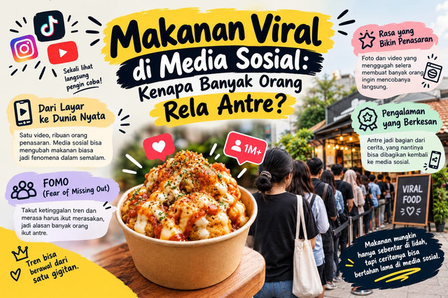 Makanan viral menarik perhatian banyak orang melalui media sosial. Rasa penasaran dan trend membuat mereka rela antre demi mencobanya! Generated AI.