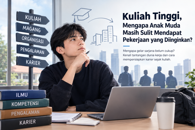 Ilustrasi mahasiswa yang mempersiapkan diri menghadapi dunia kerja di tengah tantangan mencari pekerjaan yang sesuai dengan pendidikan dan kompetensinya. Created by ChatGPT