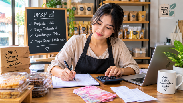 Ilustrasi pelaku UMKM yang mencatat penjualan dan menghitung pengeluaran untuk mengetahui keuntungan usaha. Sumber: dibuat menggunakan AI untuk artikel opini.