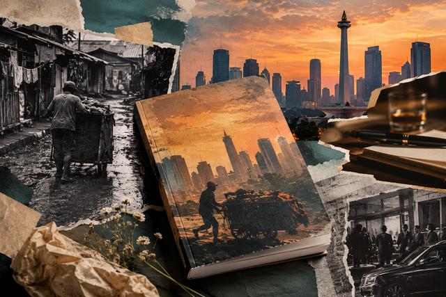 Ilustrasi kolase digital yang saya edit sendiri di Canva, menggambarkan kesenjangan sosial, kemiskinan, dan kehidupan Jakarta dalam novel Senja di Jakarta karya Mochtar Lubis.