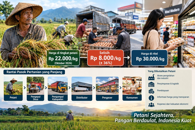 Dikuasainya pengelolaan rantai pasok dan gerai pasar produk pertanian adalah kunci peningkatan kesejahteraan petani (Sumber: AI Generated Image)