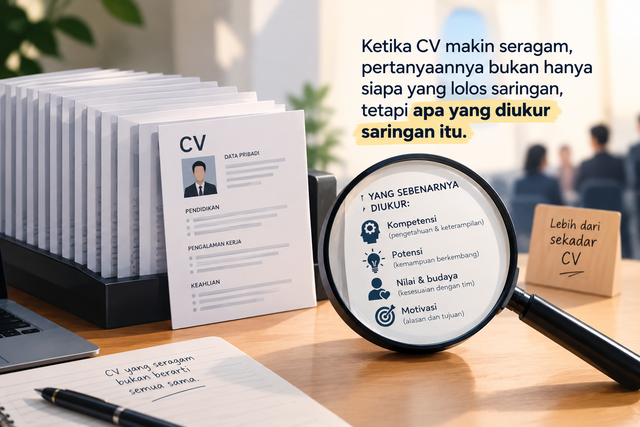 Ketika CV makin seragam, Pertanyaannya bukan hanya siapa yang lolos saringan, tetapi apa yang diukur saringan itu. (Ilustrasi: dibuat dengan AI untuk artikel ini.)
