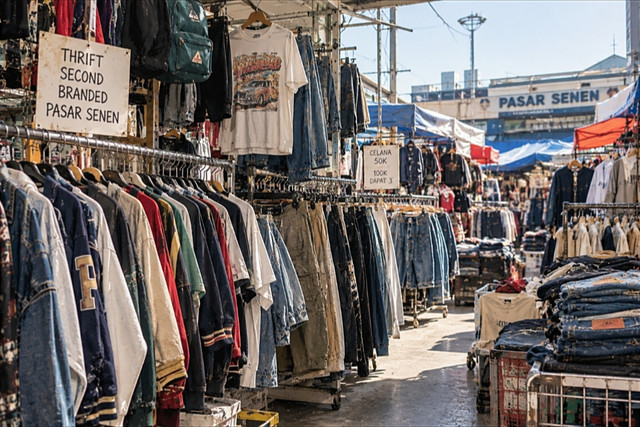 Ilustrasi suasana thrift di Pasar Senen dengan berbagai pakaian bekas dan vintage yang kembali diminati generasi muda. Foto: Ilustrasi/AI