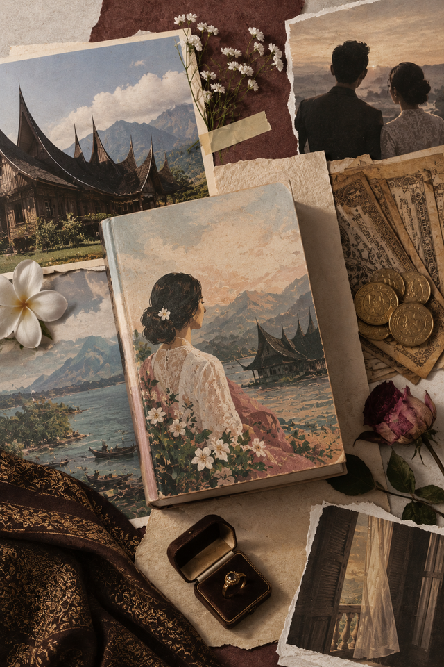Ilustrasi kolase bergaya vintage yang dibuat menyerupai editan Canva, memadukan buku Sitti Nurbaya, suasana Minangkabau, dan simbol cinta serta kekuasaan uang yang menggambarkan kisah kasih tak sampai.
