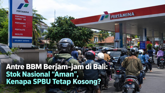 Ilustrasi AI : antrean kendaraan di SPBU Bali saat terjadi gangguan distribusi BBM, meski stok nasional dilaporkan dalam kondisi aman.