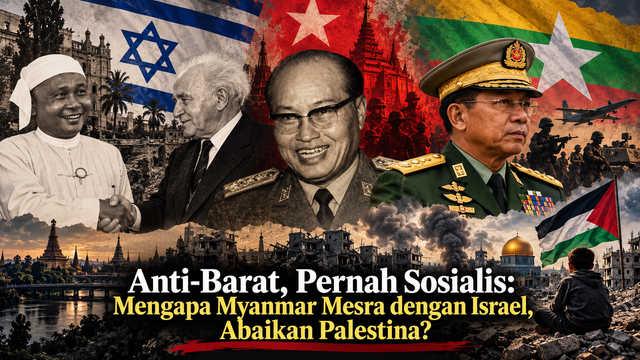 Ilustrasi persahabatan Israel dengan Myanmar dari masa Perdana Menteri U Nu (kiri) dan David Ben-Gurion (kiri kedua salaman dengan U Nu) hingga masa Rezim Program Sosialis Burma di bawah Jenderal Ne Win (tengah) dan tetap bertahan hingga masa Jenderal Min Aung Hlaing (kanan). Sumber gambar: gambar buatan AI. 