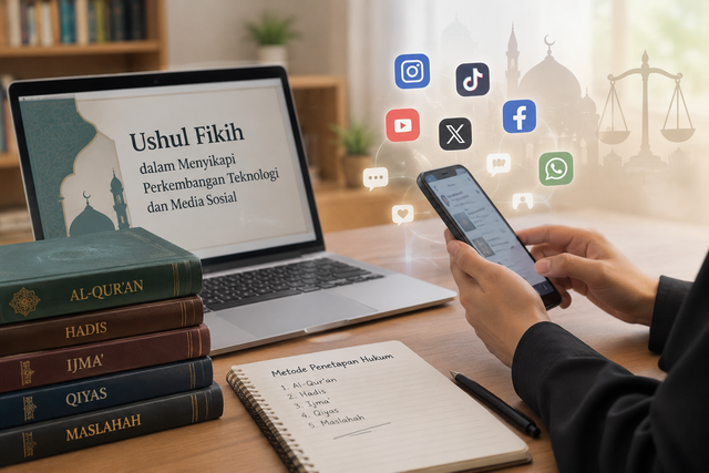 Sumber Foto: OpenAI, ChatGPT (2026). Ilustrasi Ushul Fikih dalam Menyikapi Perkembangan Teknologi dan Media Sosial. Gambar dibuat menggunakan AI.