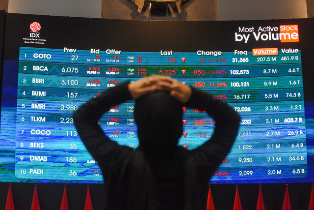 Pengunjung memantau layar pergerakan Indeks Harga Saham Gabungan (IHSG) di Bursa Efek Indonesia, Jakarta, Jumat (16/10/2026). Foto: Indrianto Eko Suwarso/ANTARA FOTO
