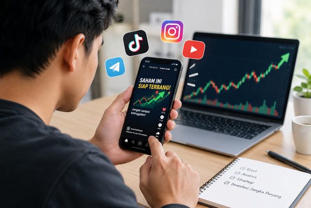 Investor melihat rekomendasi saham di media sosial. Sumber: Ilustrasi dibuat menggunakan AI oleh penulis.