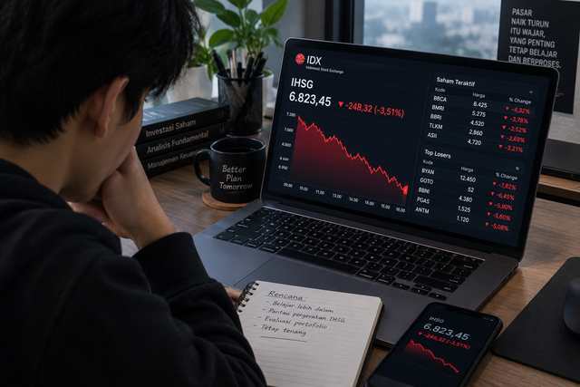 Ilustrasi pergerakan pasar saham Indonesia yang tertekan setelah ancaman penurunan status dari MSCI. Foto: Generated by Ai