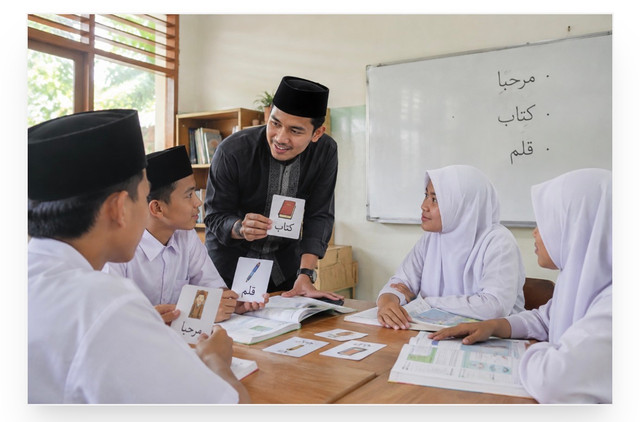 ilustri kegiatan pembelajaran bahasa arab dengan metode interaktif.sumber:ilustri dibuat dengan menggunakan AI