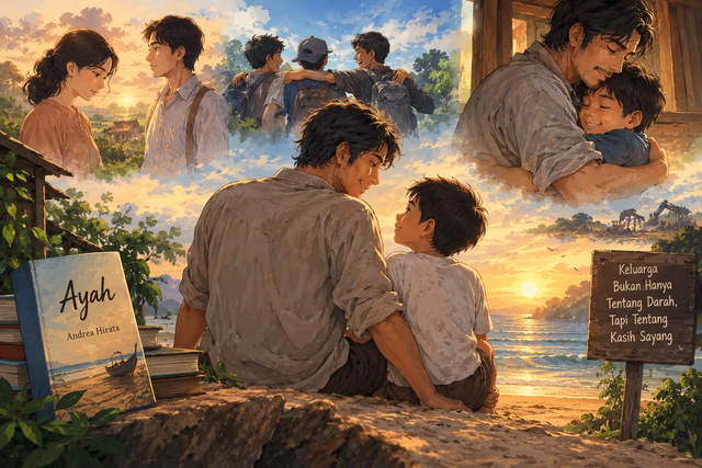 Ilustrasi dibuat menggunakan AI oleh penulis untuk menggambarkan novel Ayah karya Andrea Hirata. Gambar ini menampilkan kedekatan Sabari dan Zorro serta suasana persahabatan dan perjalanan cinta yang menjadi bagian dari cerita. Melalui ilustrasi ini, penulis ingin menyampaikan pesan bahwa keluarga tidak hanya dibentuk oleh hubungan darah, tetapi juga oleh kasih sayang, kepedulian, dan ketulusan.
