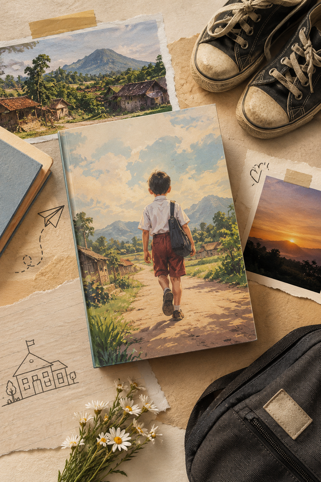 Ilustrasi kolase bergaya Canva dengan nuansa vintage yang menggambarkan perjuangan Dahlan, sepatu lusuh, dan mimpi sederhana seorang anak desa untuk meraih pendidikan.