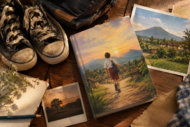 Ilustrasi kolase bergaya Canva dengan sepatu usang, buku, dan suasana pedesaan yang menggambarkan perjuangan Dahlan meraih mimpi.