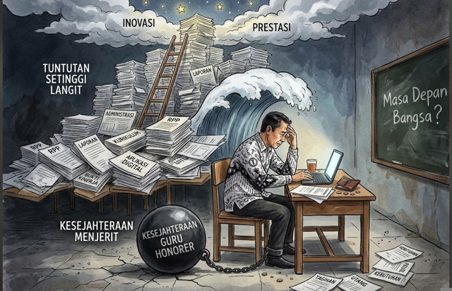 Ilustrasi seorang guru honorer terbelenggu krisis kesejahteraan saat tenggelam dalam tumpukan administrasi. Dihasilkan oleh Gemini AI
