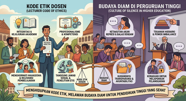 Ilustrasi kode etik dosen dan budaya diam di perguruan tinggi. Foto: Generate by AI