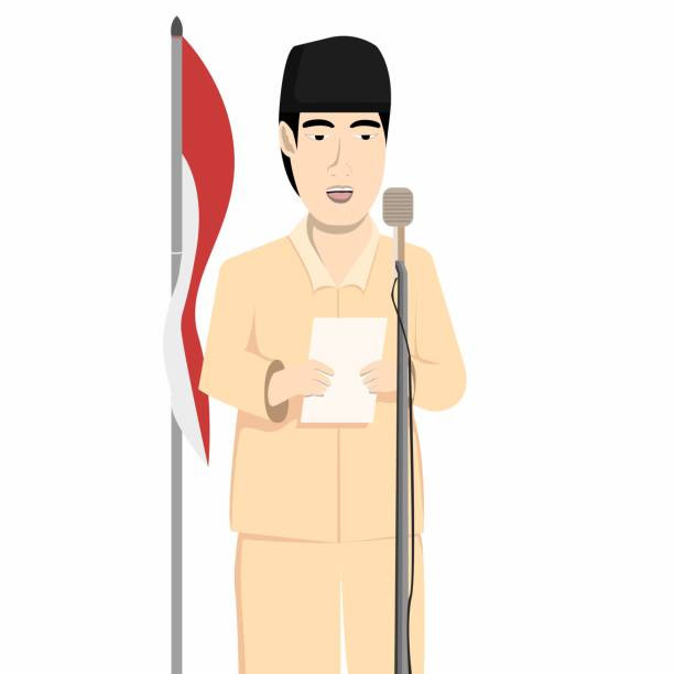 Jakarta, Indonesia - 14 Agustus 2020: Presiden Pertama Indonesia, Bapak Soekarno Memproklamasikan Kemerdekaan Indonesia pada 17 Agustus 1945 dalam Cartoon Illustration Vector dalam Eps File. Karya: Jeff Design/iStock