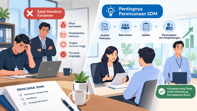 Ilustrasi dampak kesalahan rekrutmen dan pentingnya perencanaan SDM. Sumber: Gambar dibuat menggunakan AI ChatGPT.