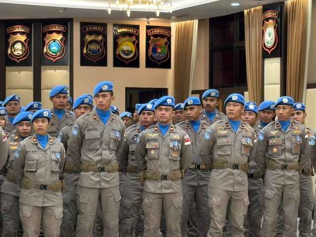Pelepasan dan Penyambutan Satgas Garuda Bhayangkara FPU 7 Minusca di Mabes Polri, Senin (19/10/2026). Foto: Rayyan Farhansyah/kumparan