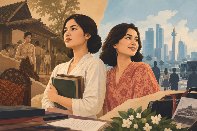 Ilustrasi ini menggambarkan pergulatan perempuan antara tradisi dan emansipasi dalam novel Layar Terkembang karya Sutan Takdir Alisjahbana, serta perjuangan perempuan untuk memperoleh kebebasan menentukan pilihan hidupnya. Sumber : canva