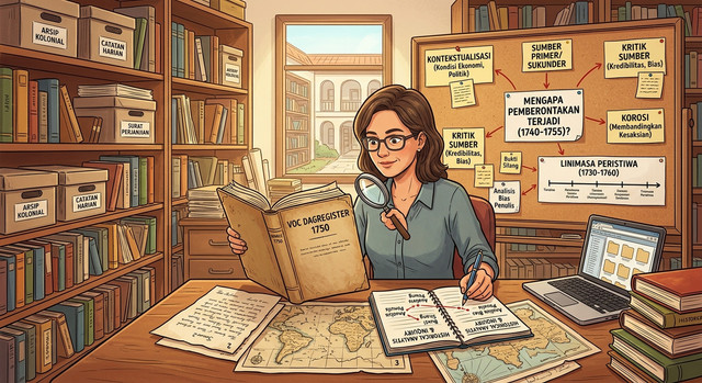 "Ilustrasi seseorang menerapkan cara berpikir sejarawan" Dok: AI
