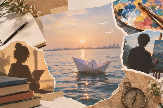 Ilustrasi kolase bergaya editan Canva dengan perahu kertas di tengah senja, siluet seseorang menulis dan melukis, serta perpaduan warna hangat yang menggambarkan cinta dan perjuangan meraih mimpi.