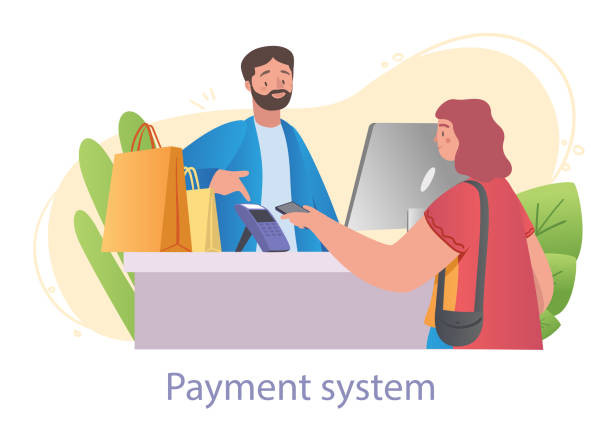 Karakter wanita muda membawa smartphone-nya ke terminal untuk pembayaran tanpa uang tunai dengan latar belakang putih. Aplikasi pembayaran digital untuk smartphone dan gadget lainnya. Ilustrasi vektor kartun datar. Karya: Rudzhan Nagiev/iStock