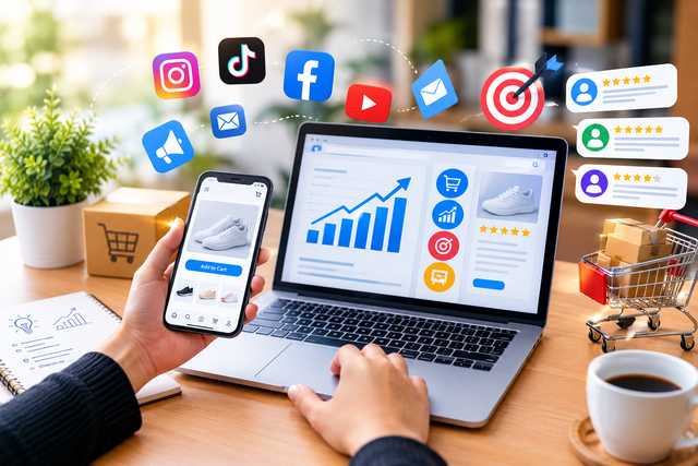Ilustrasi menggambarkan pemanfaatan teknologi digital dalam strategi pemasaran, melalui laptop dan ponsel yang menampilkan aktivitas e-commerce, analisis penjualan, media sosial, serta ulasan pelanggan. Elemen tersebut menunjukkan bagaimana pemasaran digital dapat membantu bisnis menjangkau konsumen, meningkatkan penjualan, dan membangun loyalitas pelanggan.