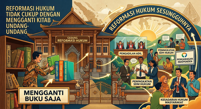 Ilustrasi Reformasi Hukum Tidak Cukup dengan Mengganti Kitab Undang-Undang. Foto: Generate by AI