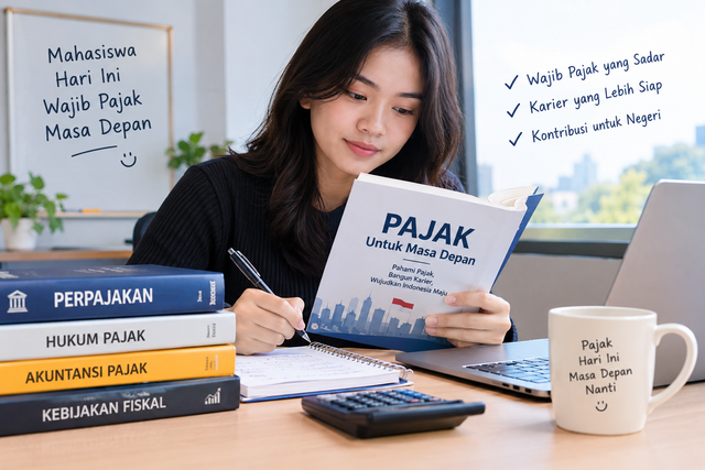 Seorang mahasiswa sedang mempelajari perpajakan menggunakan buku, laptop, dan catatan sebagai persiapan memasuki dunia kerja. Pemahaman pajak sejak masa kuliah dapat membantu generasi muda mengenali hak dan kewajiban perpajakan ketika mulai memperoleh penghasilan.Sumber gambar: Unsplash — https://unsplash.com/s/photos/student-studying-laptop