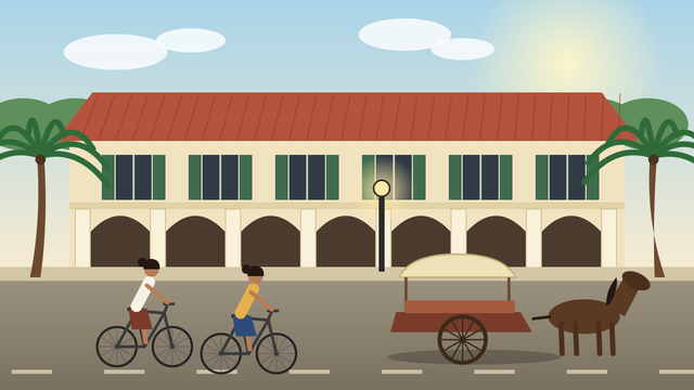 Ilustrasi suasana jalan di Batavia pada 1930-an: gedung berarkade, delman, dan dua perempuan muda bersepeda. Sumber : Canva 