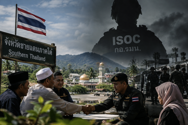 situasi ketika perdamaian terlihat tercipta, tetapi masyarakat masih berada dalam bayang-bayang pengawasan dan kekuatan militer. Foto: AI Generated.