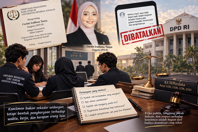 Ilustrasi Cerint Iralloza Tasya, selaku Anggota Dewan Perwakilan Daerah Republik Indonesia DPD RI periode 2024–2029 untuk daerah pemilihan Sumatera Barat yang membatalkan komitmen dengan Himpunan Mahasiswa (HIMA) Ilmu Hukum Universitas Dharma Andalas