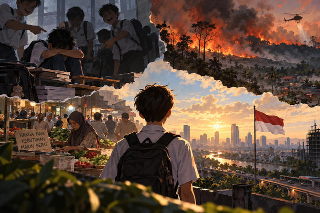 Ilustrasi Indonesia hari ini: berbagai persoalan sosial di tengah harapan akan masa depan yang lebih baik. Foto: Generated by AI