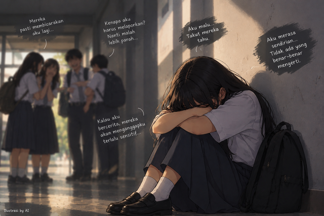 Ilustrasi ini menggambarkan seorang korban bullying yang memilih diam karena merasa takut, malu, dan sendirian. Di tengah suasana sekolah, korban terlihat menunduk sambil memeluk lutut, sementara beberapa siswa di belakangnya tampak berbisik dan menertawakan. Tulisan di sekitar korban menggambarkan perasaan takut akan penilaian orang lain, khawatir keadaan semakin buruk jika melapor, serta merasa tidak ada yang memahami dirinya. Ilustrasi ini menunjukkan bahwa perundungan tidak hanya meninggalkan luka fisik, tetapi juga dapat memengaruhi kondisi emosional korban.Ilustrasi by AI.