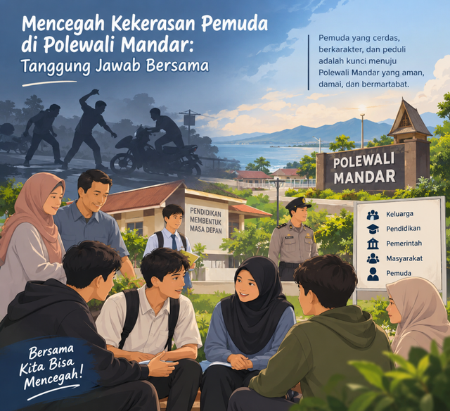 Gambar 1:Ilustrasi ini cocok digunakan sebagai gambar pendukung opini Kumparan berjudul “Mencegah Kekerasan Pemuda di Polewali Mandar: Tanggung Jawab Bersama.” (di olah lansung menggunakan AI)