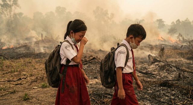 siswa sekolah terdampak bencana Karhutla Kalimantan, dibuat dengan AI