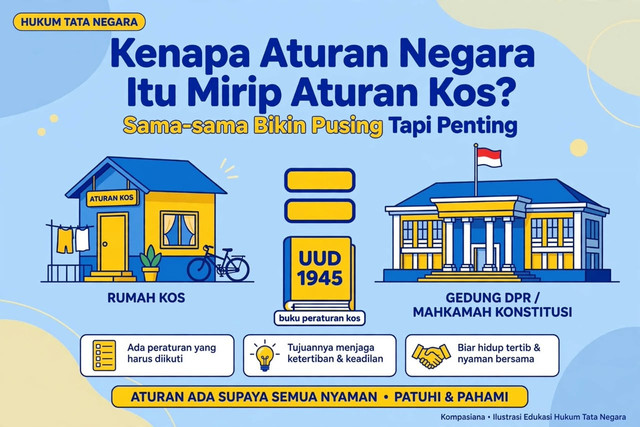 Ilustrasi Hukum Tata Negara Lewat Analogi Kos Di Buat Penulis Menggunakan Meta AI